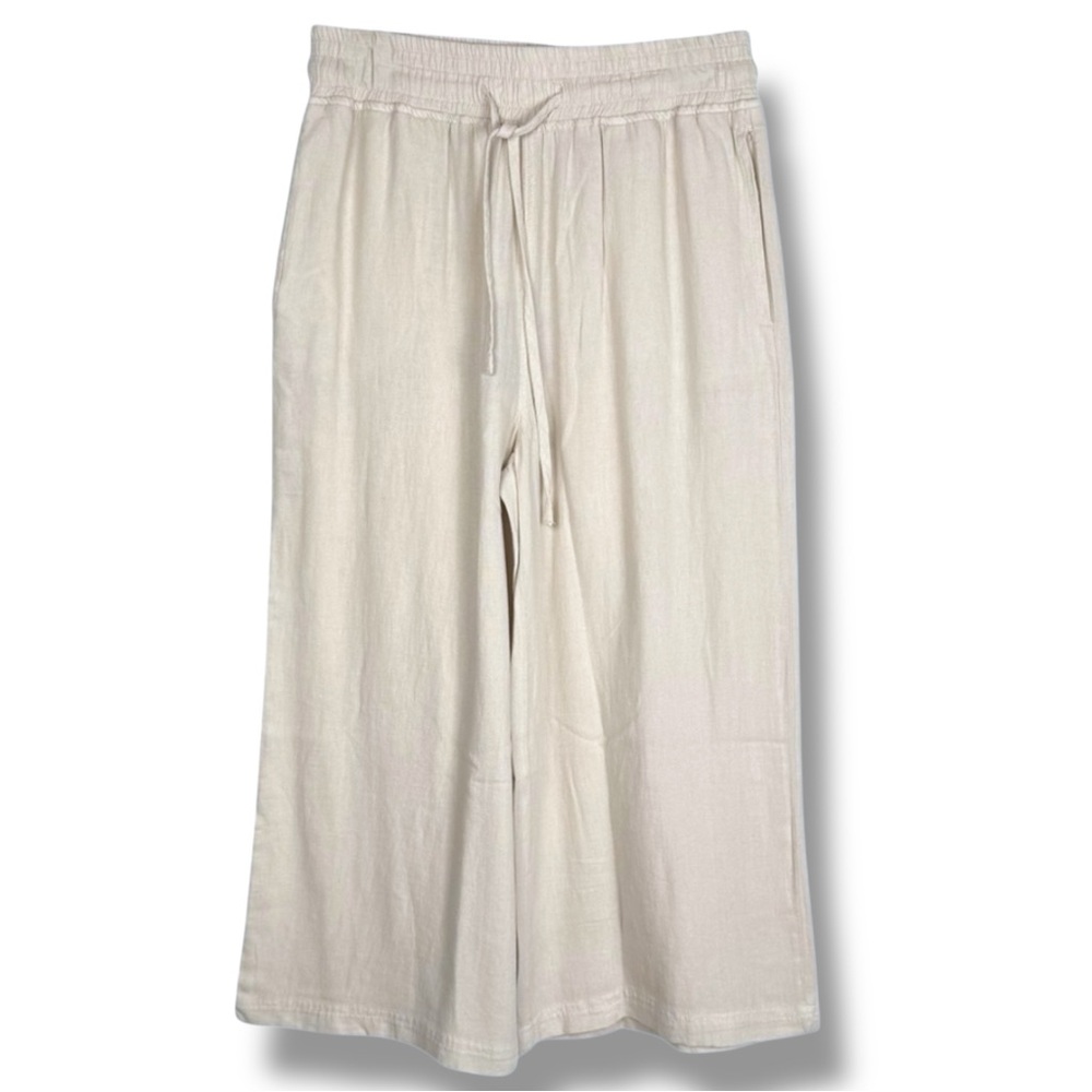 Thread And Supply Linen Rayon Wide Leg Cropped Drawstring Pants Oatmeal